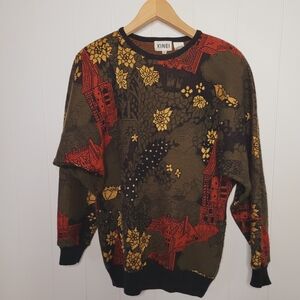 Vintage Kinei Sweater Womens Small Knit Green Gold Embellished Beaded Fall